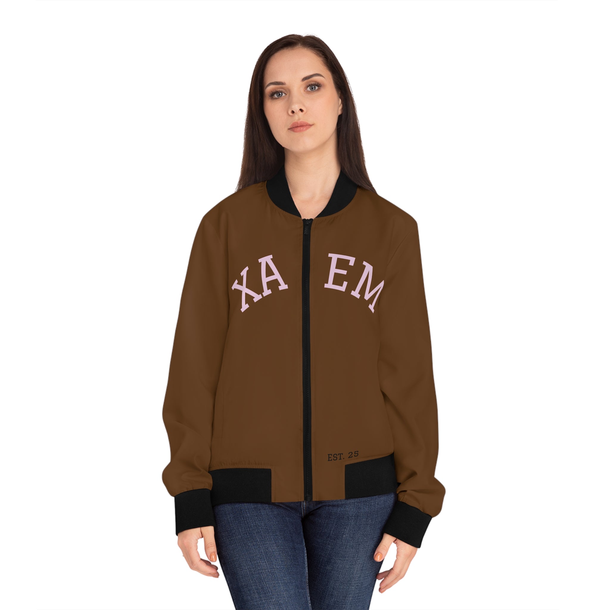 XAEM Brown Women’s Bomber Jacket – Varsity-Style Zip-Up with Pink Lettering