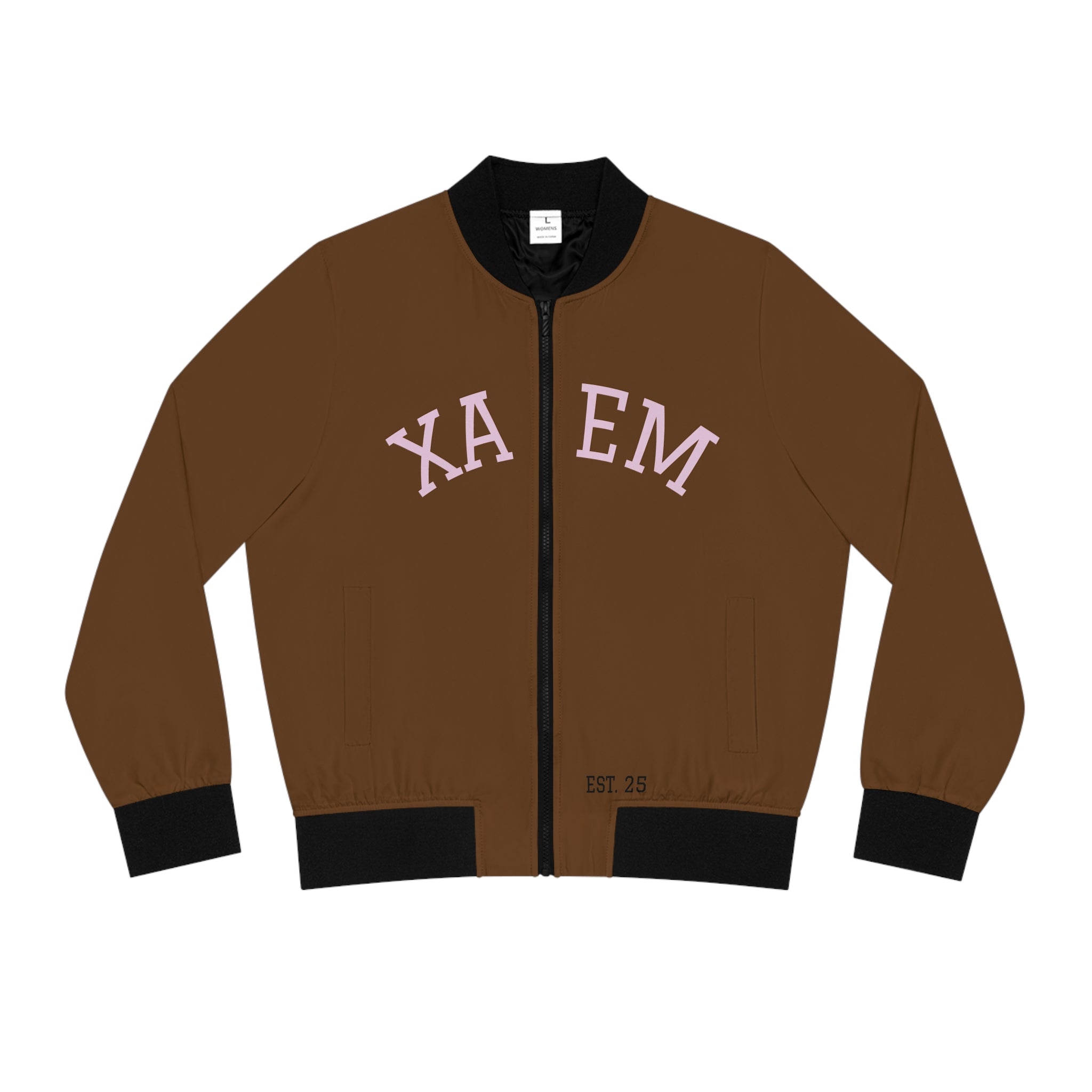 XAEM Brown Women’s Bomber Jacket – Varsity-Style Zip-Up with Pink Lettering