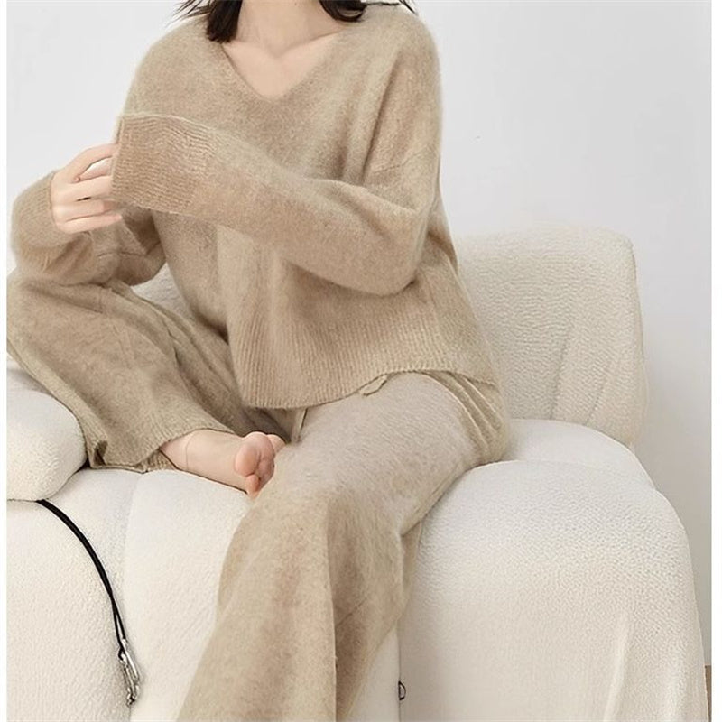 Chic Oat Color Two-Piece Knit Set for Women