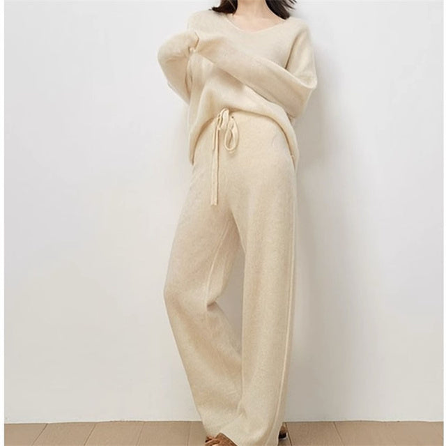 Chic Oat Color Two-Piece Knit Set for Women