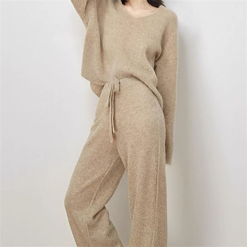 Chic Oat Color Two-Piece Knit Set for Women